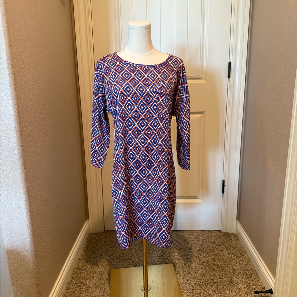 Teenflo Long Sleeve Dress with Blue and White Geometric Pattern